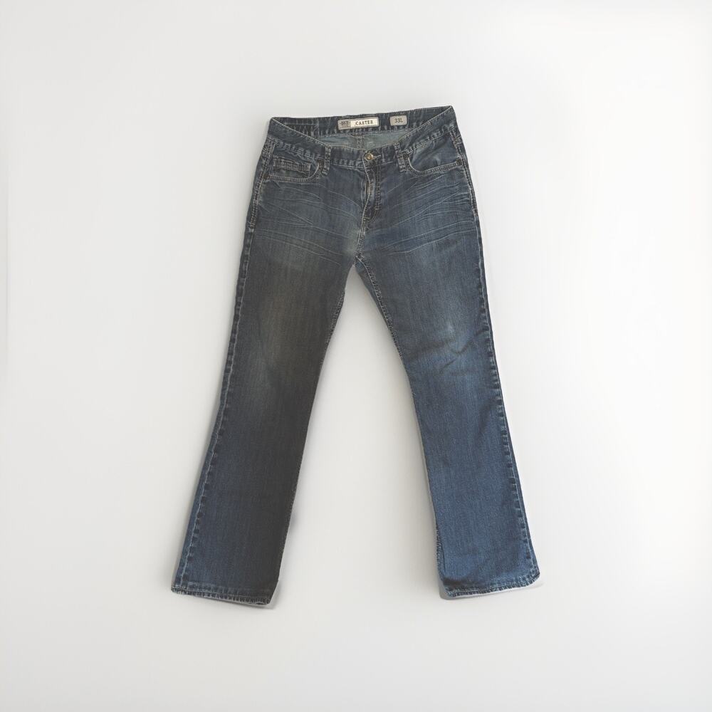 BKE Buckle Mens Carter 33L x 32 Thick Stitch Stretch‎ Blue Denim Jeans
